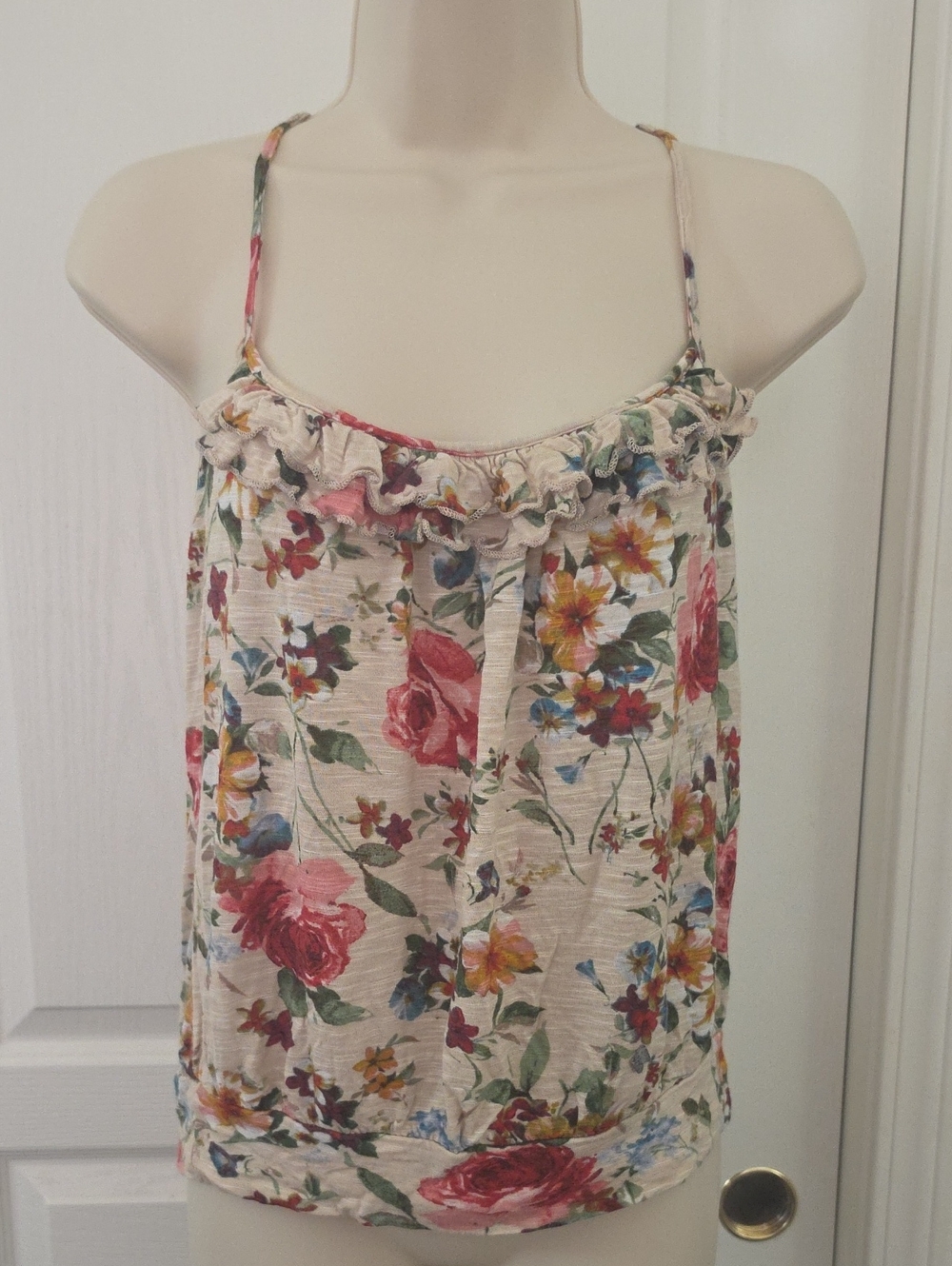 Poetry | Floral Tank Top With Ruffled neckline, banded bubble hem, Crochet Back.